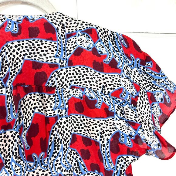 Parker Peplum Top Leopard Silk Small Red White Cheetah Print Ruffle Short Sleeve - Picture 8 of 14
